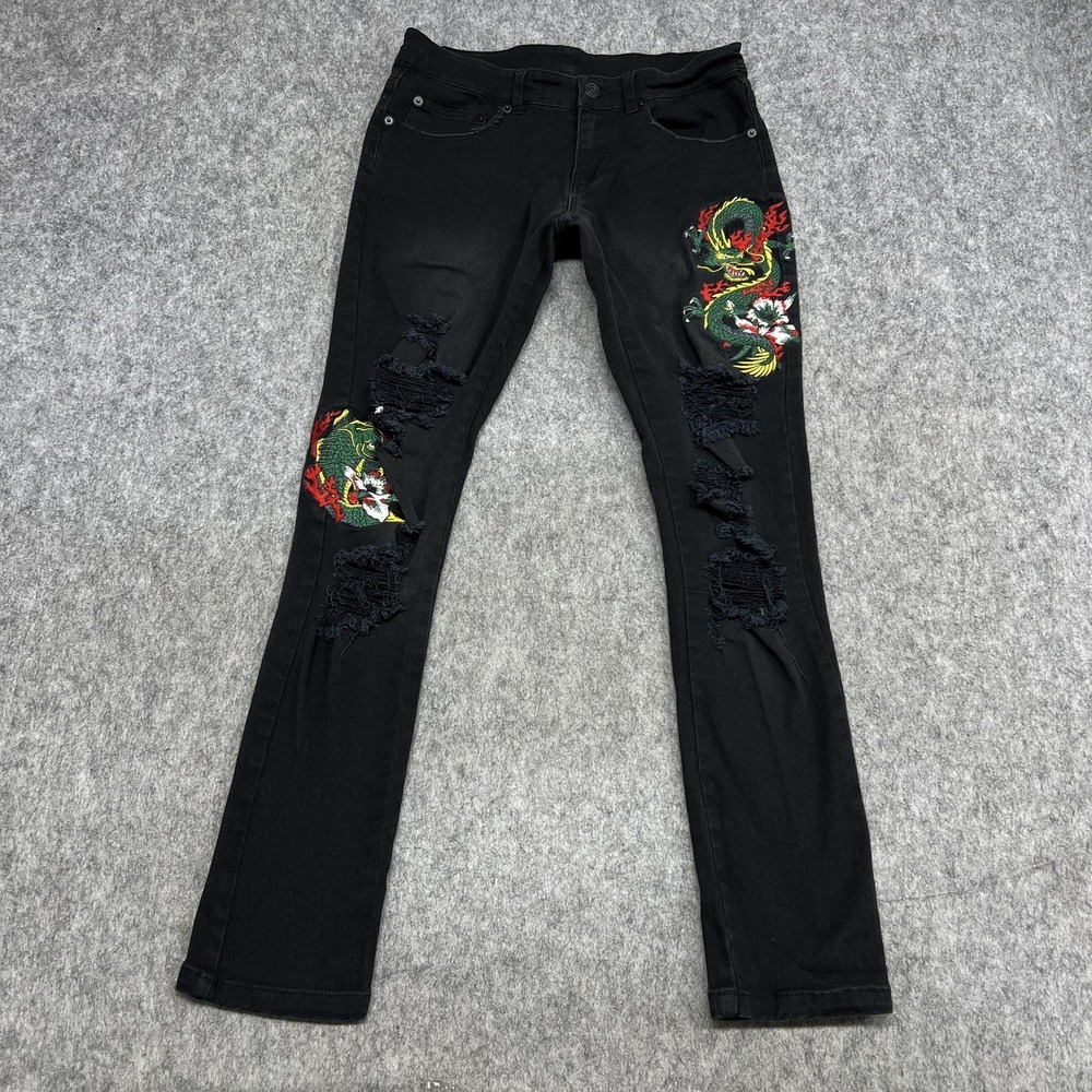 Young & Reckless Jeans Womens 28x29 Black Skinny Dragon Distressed Chase Dreams